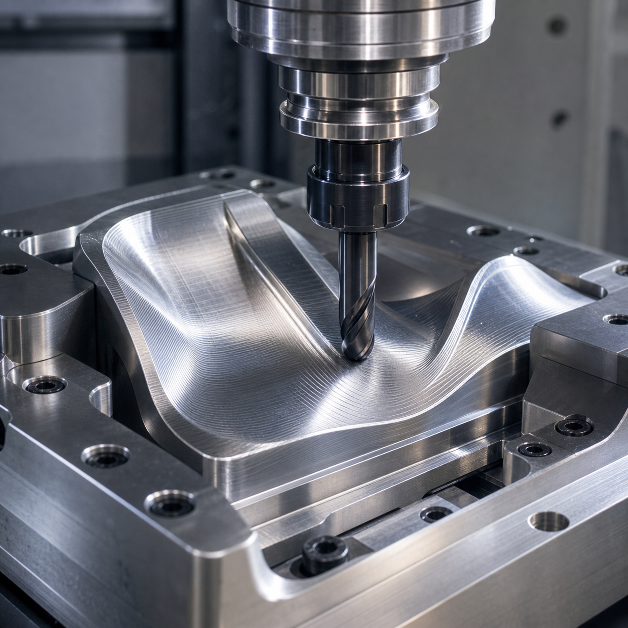3D contour CNC machining with ball nose end mill on curved surface