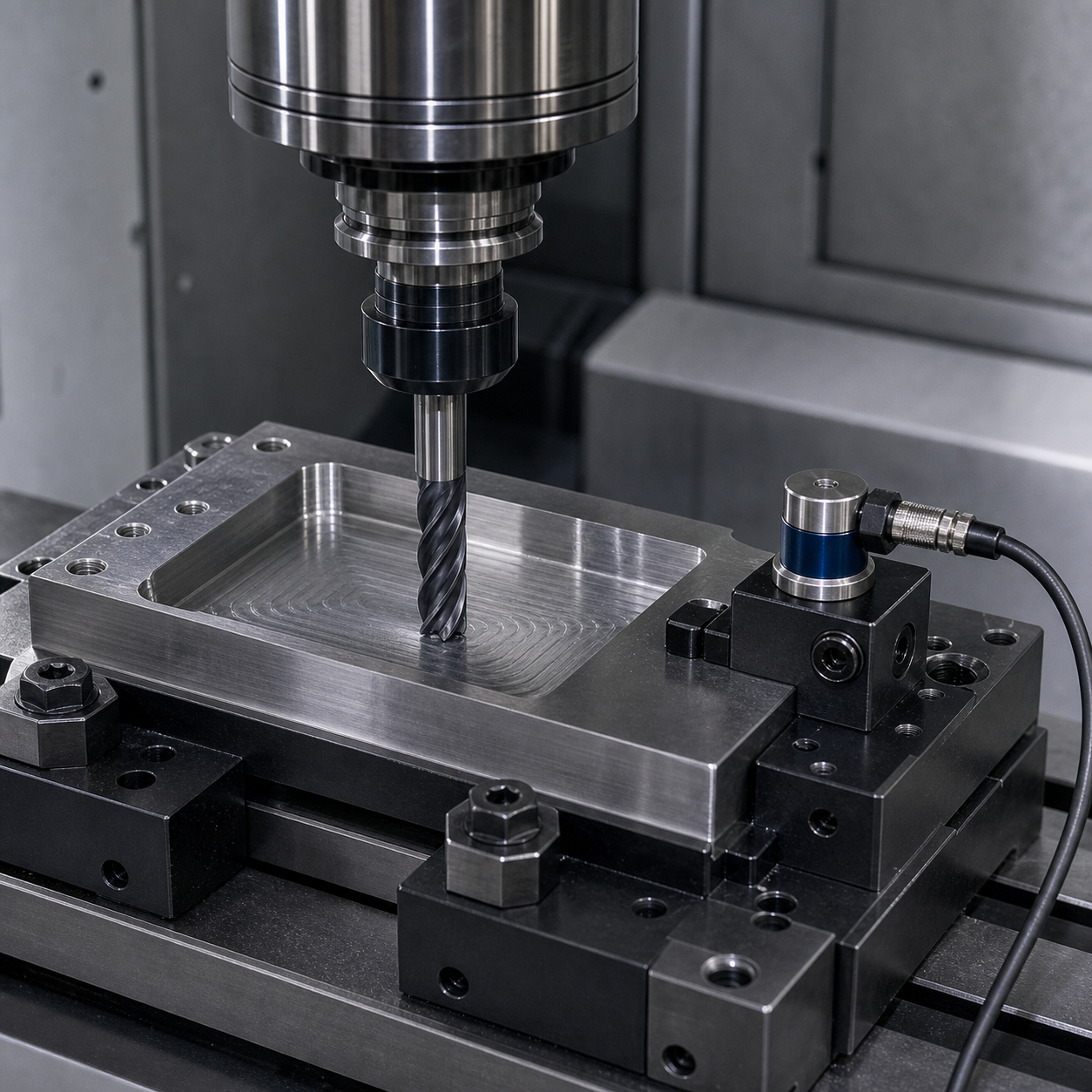 CNC milling chatter control setup with rigid fixture and carbide end mill