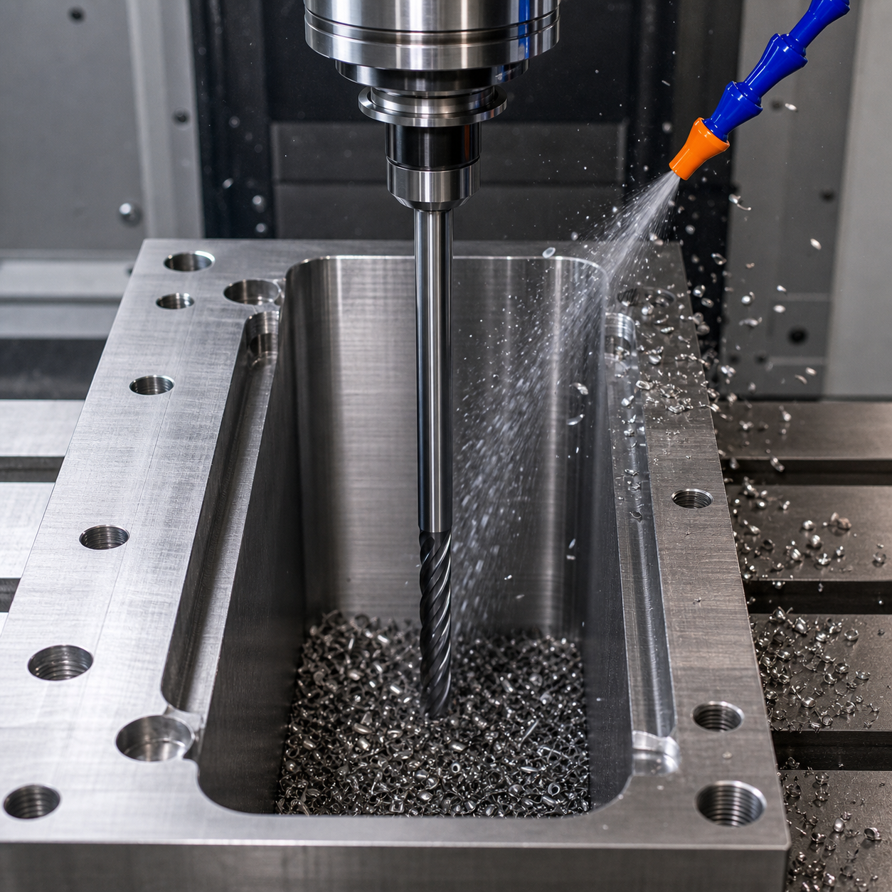 Deep pocket CNC milling with long reach carbide end mill and chip evacuation