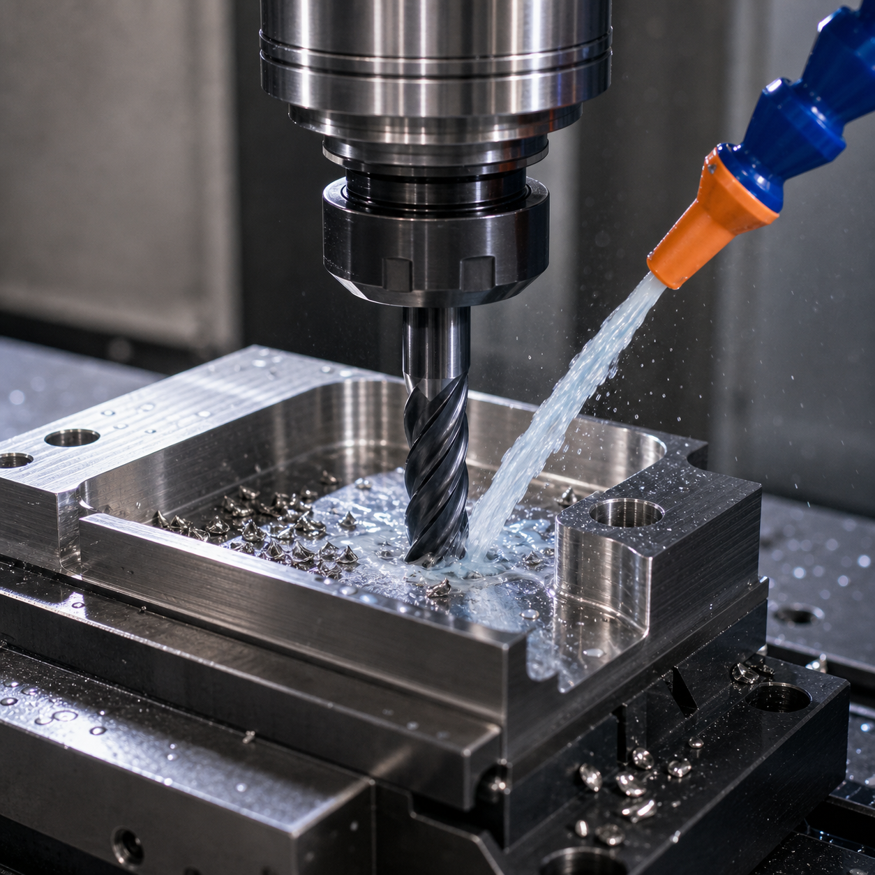 Stainless steel CNC milling with coated carbide end mill and controlled coolant