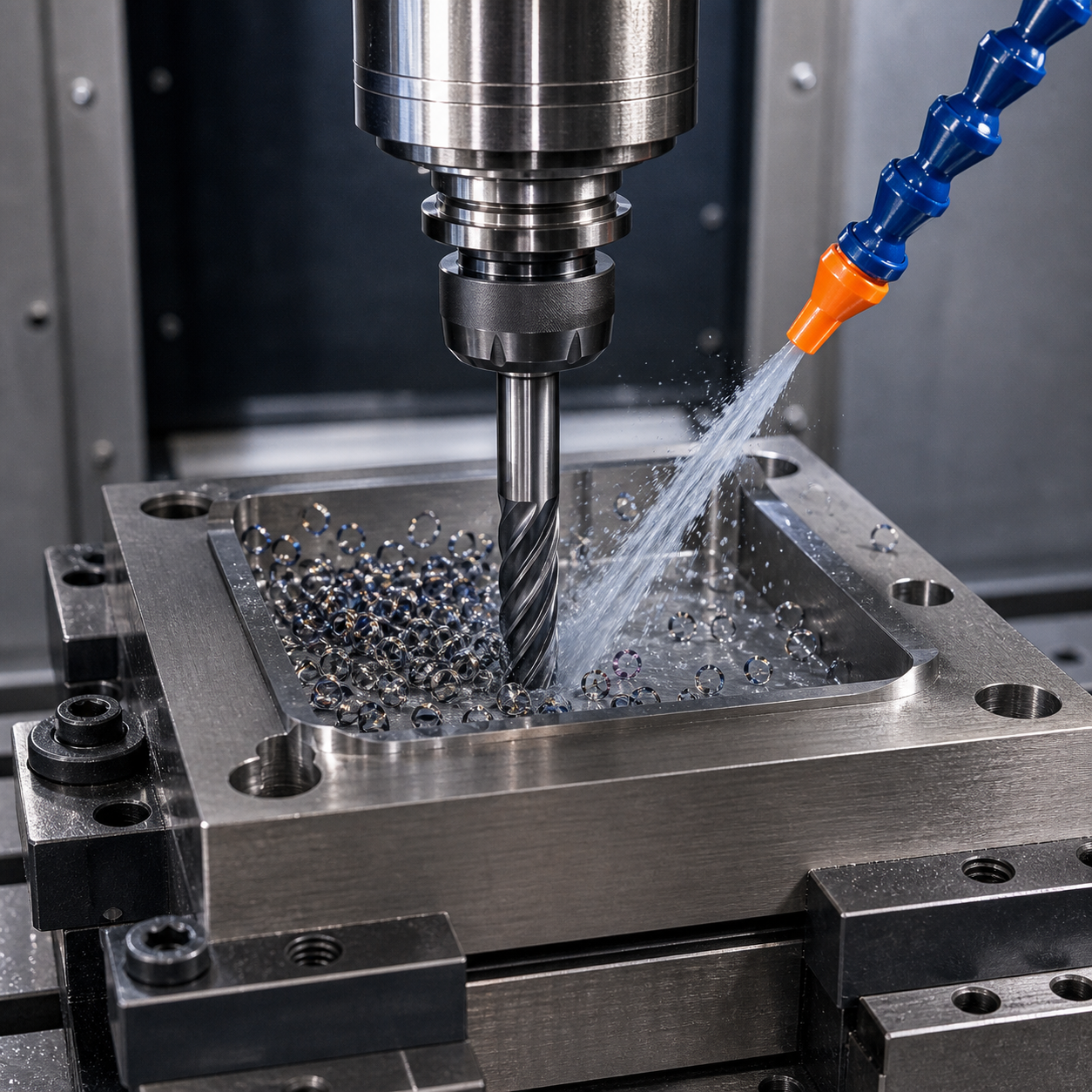 Titanium alloy CNC milling with coated carbide end mill and heat control